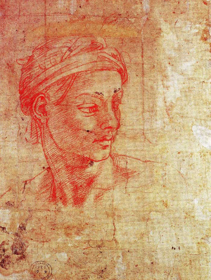 Red chalk head, Michelangelo.